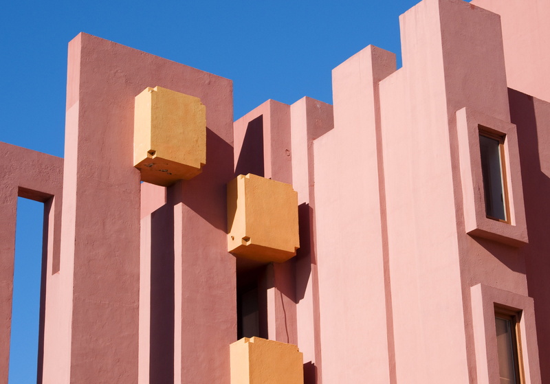 industry, pink, architect, calpe, close-up, day, blue, clear sky, shadow, facade, wood - material, sunlight, brown, sky, built structure, 4K, no people