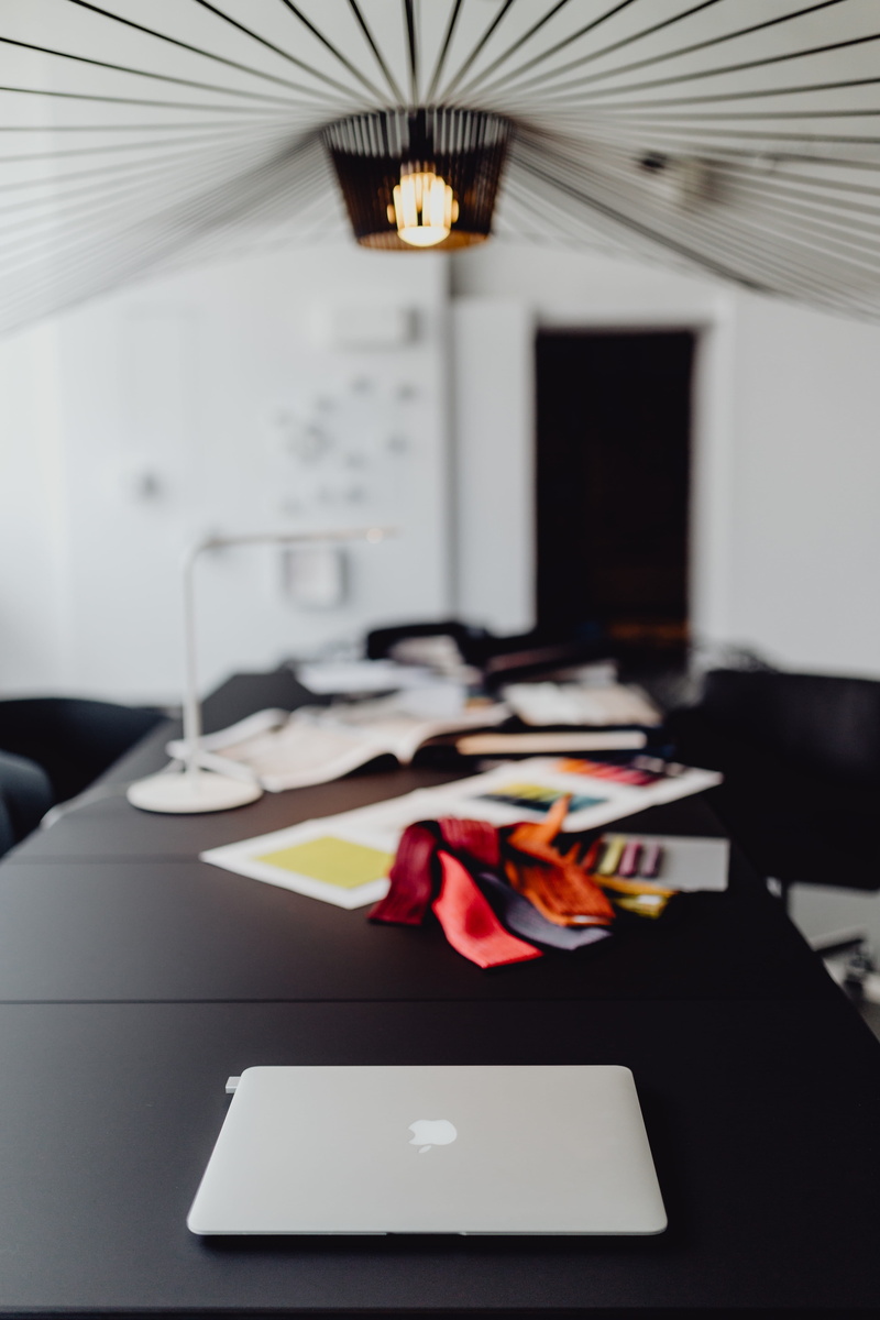 workplace, computer, designer, black table, corporate business, focus on foreground, connection, black furniture, indoors, office, interior, architect