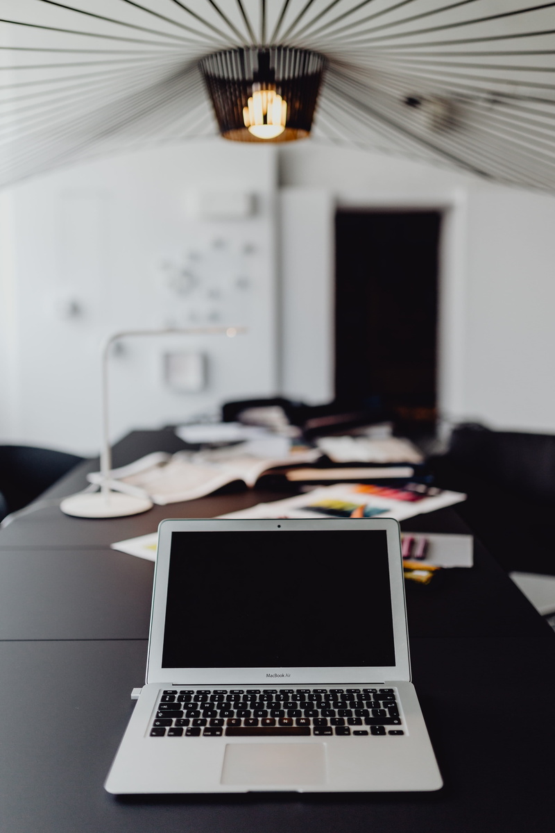 home decor, home office, workspace, 4K, technology, modern, black furniture, desk, black, contemporary, electric lamp, communication, black desk, interior designer