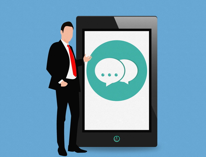 one person, standing, expression, dialogue, business, working, conversation, chat, blue, communicate, button, question, communicating, device, sms, men