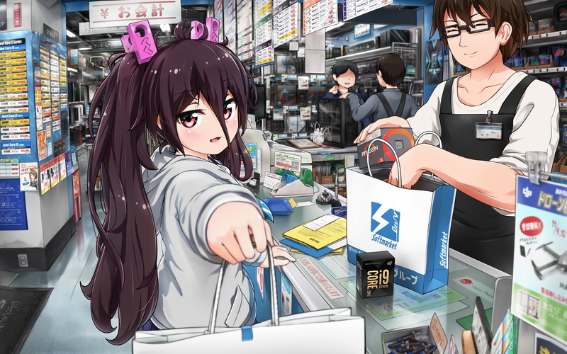 4K, supermarket, anime girls, AMD, anime, Intel, brunette, RYZEN, red eyes