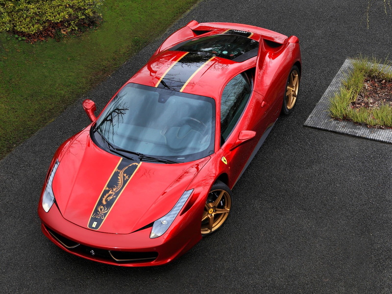 car, plant, red, road, orange color, 720P, land vehicle, transportation, Ferrari, absence, Ferrari 458, motor vehicle, no people, black, sign, high angle view