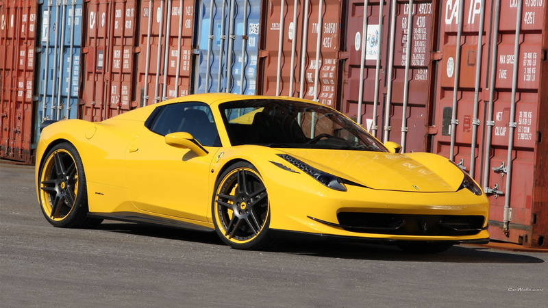 stationary, vehicle, day, Ferrari 458, building exterior, 1080P, mode of transportation, yellow cars, coupe, motor vehicle, city, luxury, no people, outdoors