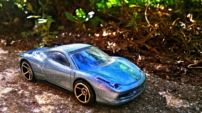toy, Ferrari, no people, field, selective focus, 458 italia, stationary, nature, focus on foreground, mode of transportation, blue, plant, land, outdoors