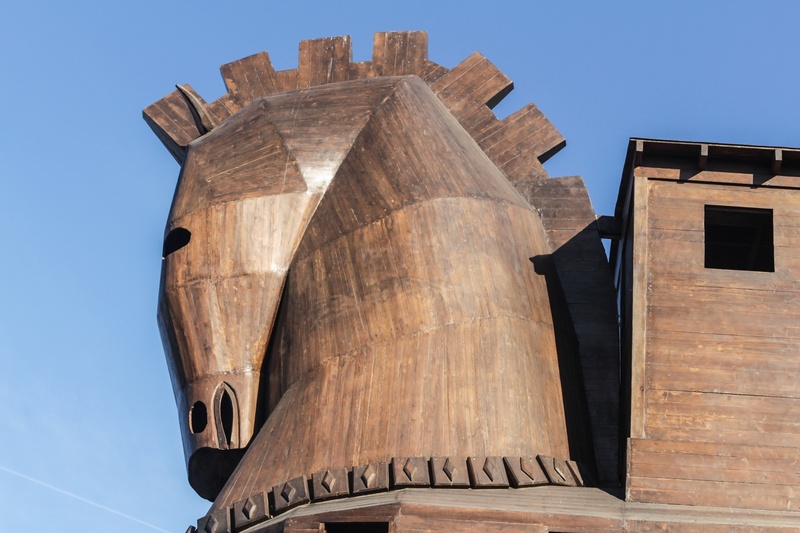 brown, architecture, wood - material, built structure, structure, blue, history, 1080P, building exterior, sunny, nature, wooden horse, troy, low angle view