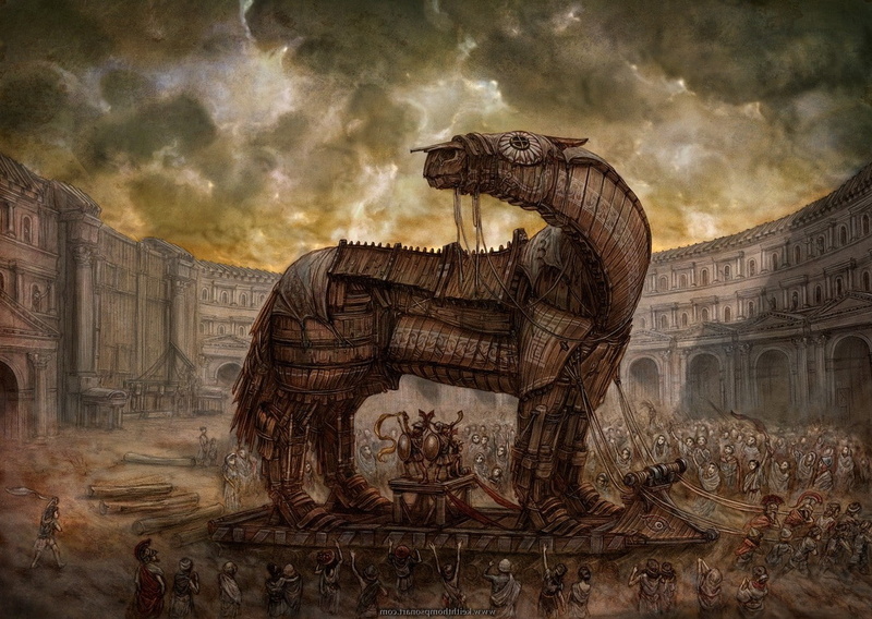 artwork, Statue, weapon, looking at cards, Workers, building, Ancient, architecture, horse, fantasy Art, 720P, Old, wood, clouds, mongols, trojan horse
