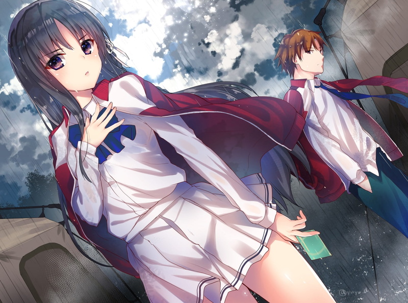 flag, ayanokouji kiyotaka, you-zitsu, horikita suzune, sky, wind, textile, Anime, nature, environment, 720P, real people, sunlight, young adult, cape