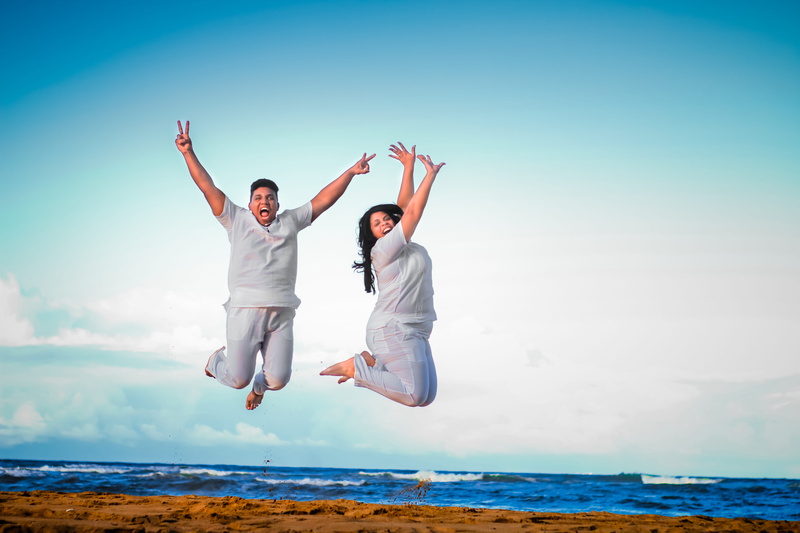 grooms, full length, blue, togetherness, landscape, sky, people, happy couple, two people, married, jumping, roses, land, human arm, bride, afternoon, bridge