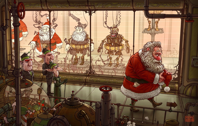 New Year, Fantasy, Santa Claus, by Michal Dean, Elves, Michal Dean, 1080P, Art, Assembly, Elf, Illustration, Algorithms, Robots, Conveyor, Industrial Elfolution