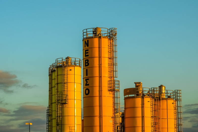 outdoors, no people, architecture, storage tank, container, pollution, low angle view, nature, 5K, oil industry, industry, refinery, silo, fuel storage tank