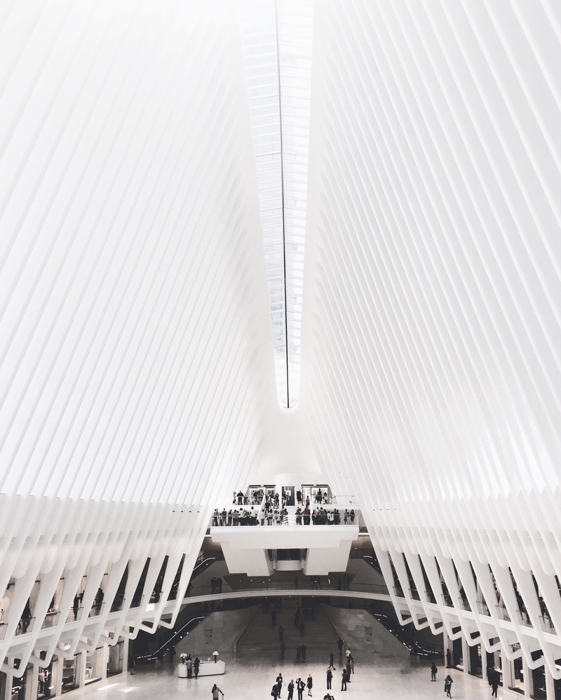 mode of transportation, modern, high angle view, pattern, people, indoors, walk, in a row, symmetrical, built structure, crowd, city, 2K, light, window