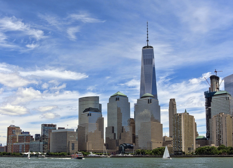 financial district, travel destinations, office, office building exterior, world trade center, famous Place, nyc, architecture, skyline, buildings, cloudy