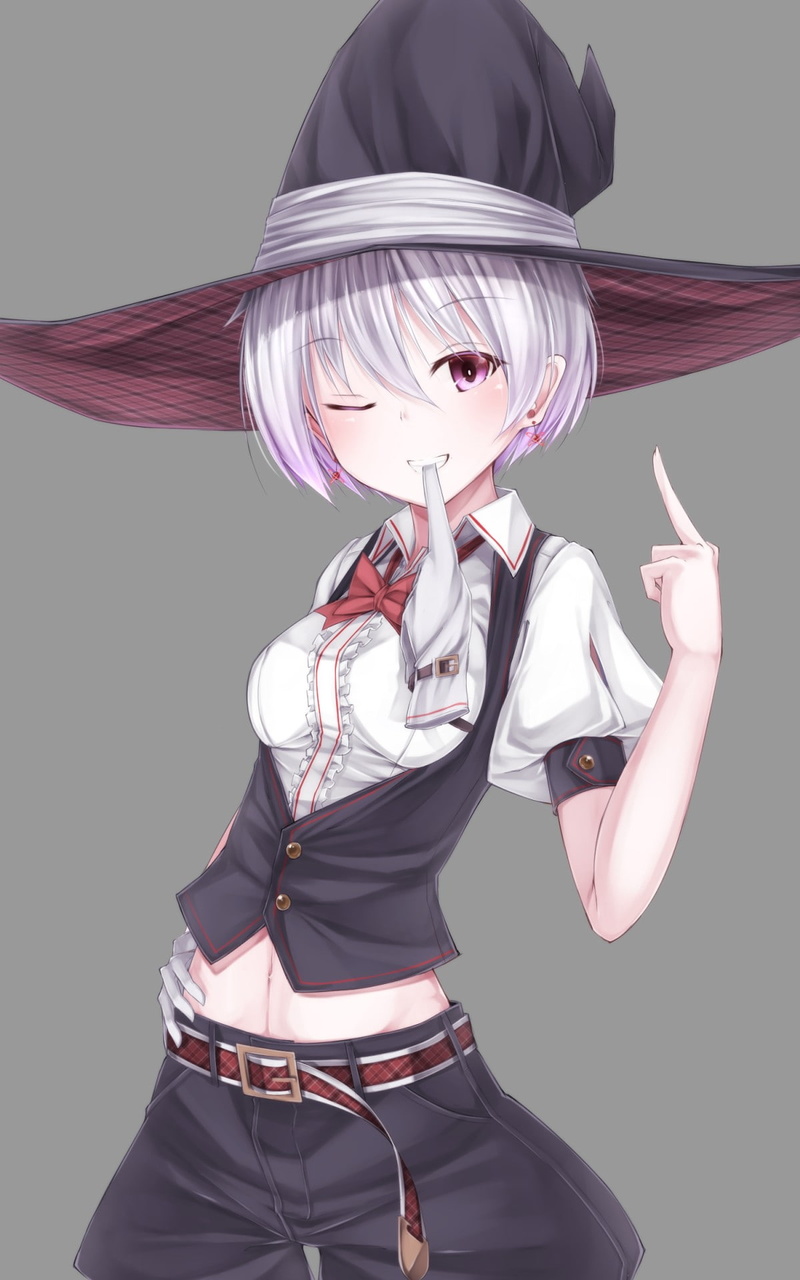 anime, purple eyes, 1080P, middle finger, short hair, grey hair, hat, anime girls, witch