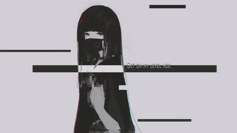 1080P, red eyes looking at viewer aoi ogata anime girls digital art black hair mask middle finger