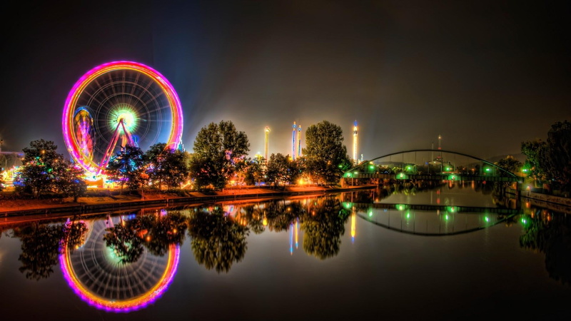 structure, long exposure, silhouette, sky, amusement park ride, no people, tree, outdoors, architecture, europe, illuminated, light, technology, clouds