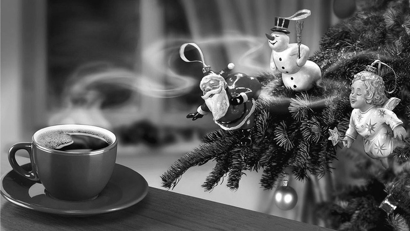 caucasian, focus on foreground, mug, coffee - drink, drink, coffee cup, celebration, decoration, black, sphere, person, cup, face, christmas decoration