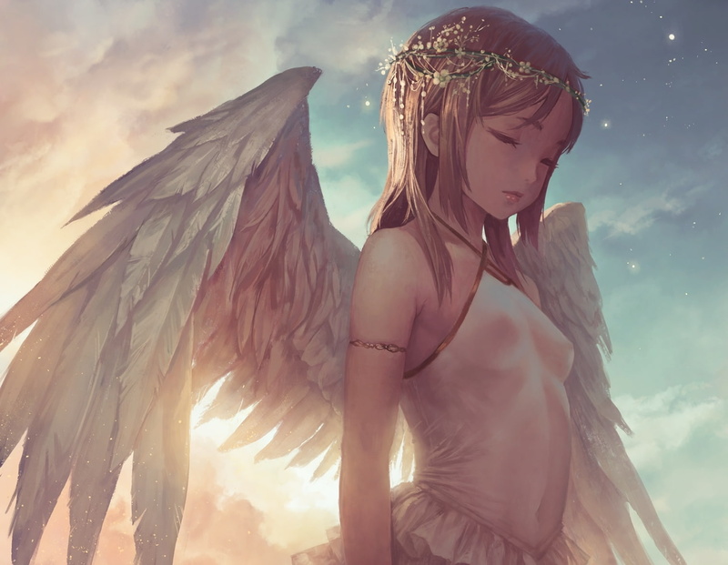sky, clothing, sunlight, women, lifestyles, standing, long hair, cloud - sky, wings, young adult, Anime, young women, hairstyle, one person, 720P, three quarter length
