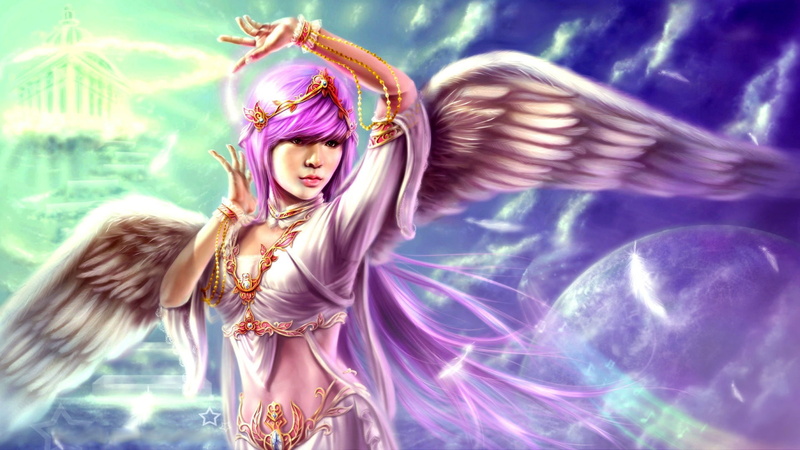 Wings, Girl, Fantasy, Purple, Feather, Angel, Hair, 1080P
