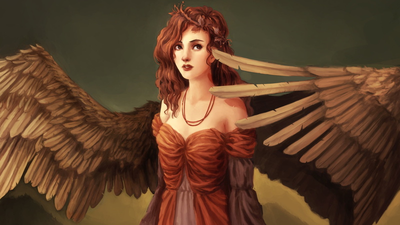 Curls, 2K, Angel, Wings, Fantasy, winged, brown, Art, Girl, illustration, haired, Red, Hair