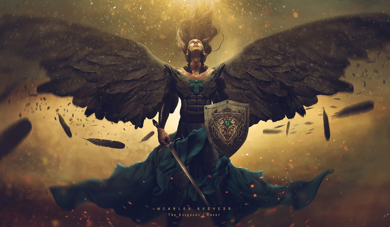 wings, Carlos Quevedo, shield, Photoshop, angel, armor, sword, 720P