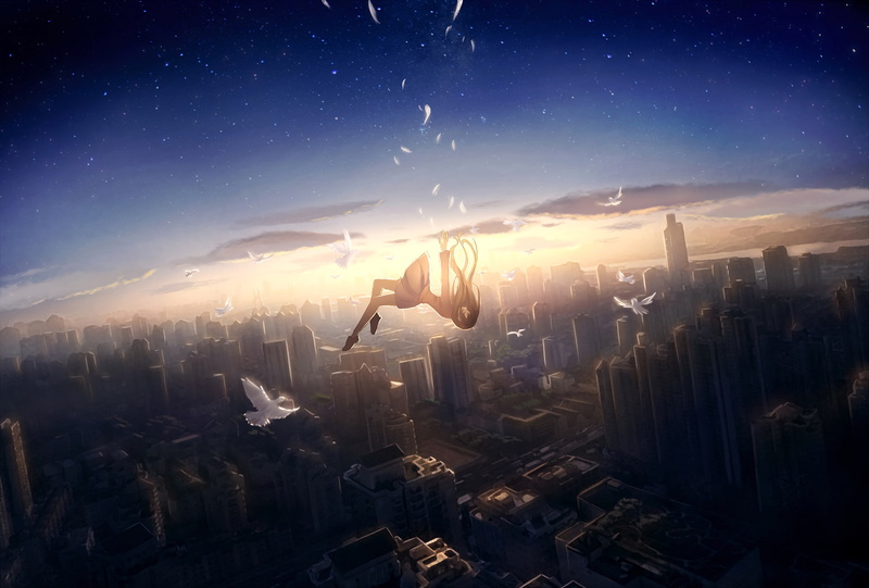 astronomy, aerial view, architecture, Anime, building, financial district, falling down, anime girl, landscape, outdoors, built structure, digital composite