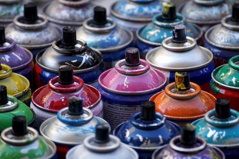 full frame, color, lot, art and craft, selective focus, creativity, indoors, metal box, close-up, paint, assorted, cans of paint, tin can, spray can, high angle view