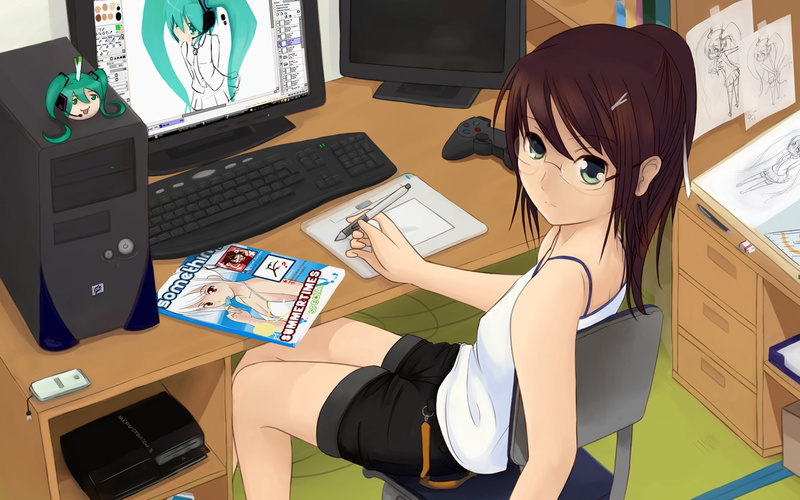 table, real people, young Adult, businesswoman, occupation, shorts, female, indoors, computer Monitor, laptop, people, anime, room, document, computer equipment