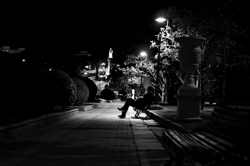 women, dark, soledad, bench, illuminated, footpath, street light, built structure, zen, tree, background, street, landscape, screen saver, black And White