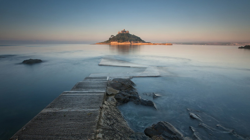 sky, water, England, St Michaels Mount, reflection, long exposure, 1080P, beauty in nature, scenics - nature, cold temperature, Cornwall, winter, tranquil scene