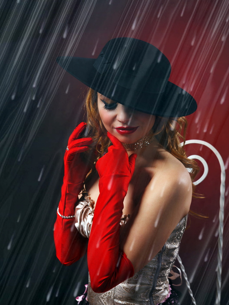 one person, makeup, portrait, lyrically, retro, hat, photoshop, sadly, fashion, indoors, rain, glamour, model, clothing, style, women, red, hairstyle, adult