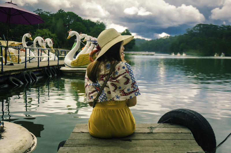 beautiful, sky, 4K, leisure activity, water, dawn, graceful, vietnam, day, hat, lake, clouds, women, outdoors, long skirt, dalat, real people, incidental people