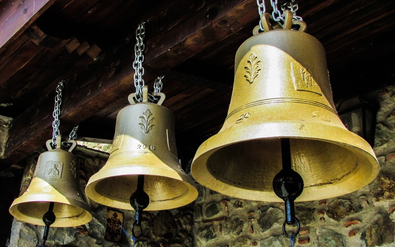 low angle view, ceiling, religion, close-up, day, 720P, musical instrument, bells, Cyprus, spirituality, focus on foreground, Christianity, built structure