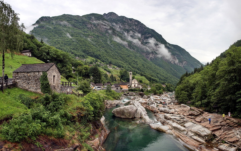 village, river, concrete, water, mountain, rocks, forest, building exterior, mountains, day, no people, 2K, tree, tranquil scene, tower, house, tranquility
