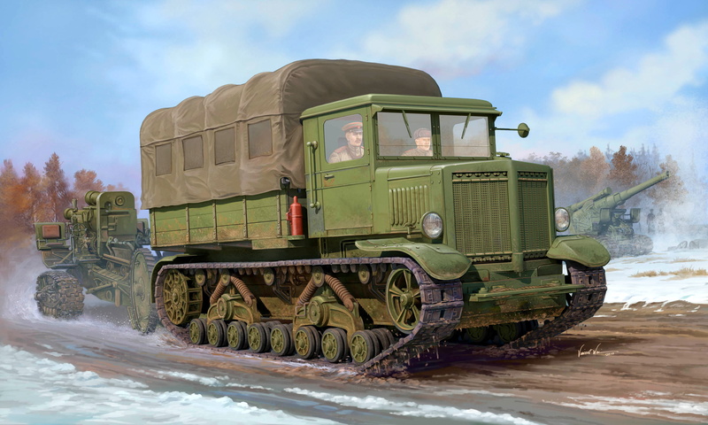 sky, no people, 203 mm, land vehicle, artillery, range, B-4, heavy, engine, motor vehicle, 375 HP, tractor, howitzer, truck, artist, caliber, shooting