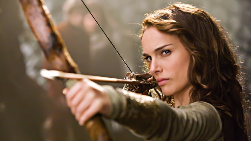 longbow, long hair, 1080P, Your Highness, artist, brown hair, archery, one person, bow, actress, musical instrument, woman, young women, holding, headshot