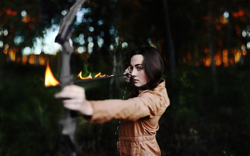720P, holding, hairstyle, real people, women, hair, weapon, archery, bow, tree, standing, portrait, nature, night, gun, aiming, outdoors, one person, adult