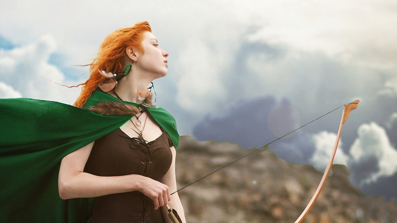 portrait, cosplay, dyed red hair, one person, beautiful woman, freedom, archery, hairstyle, fashion, redhead, 1080P, hair, cloud - sky, long hair, waist up