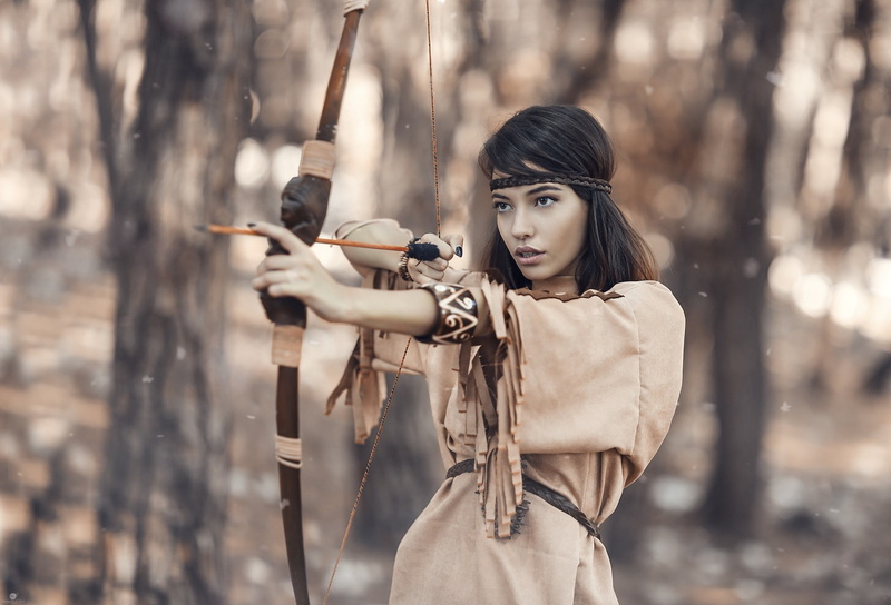 hair, arrow - bow and arrow, long hair, outdoors, beautiful woman, warm clothing, hairstyle, portrait, photography, bow and arrow, hunter, holding, archery
