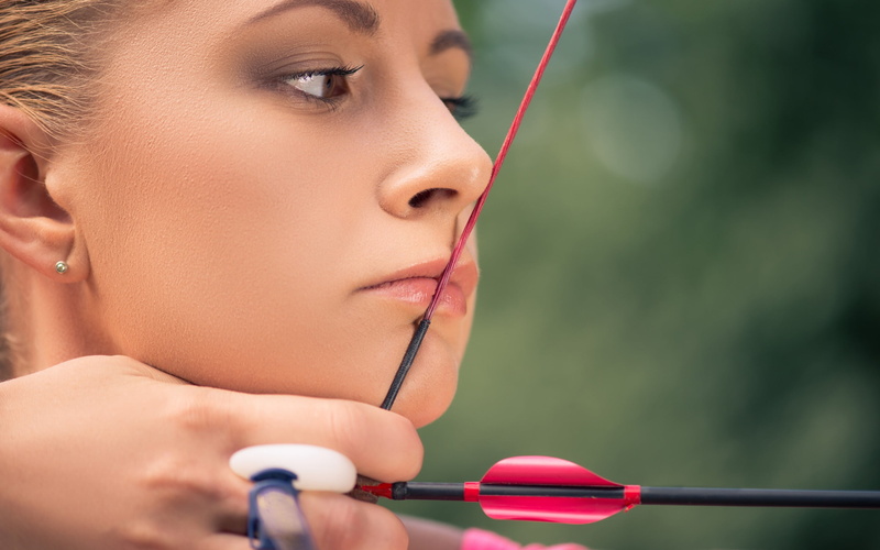 close-up, women, piercing, beautiful people, hands, recurve bow, women outdoors, brown eyes, 2K, arrows, one person, portrait, young adult, closeup, looking away