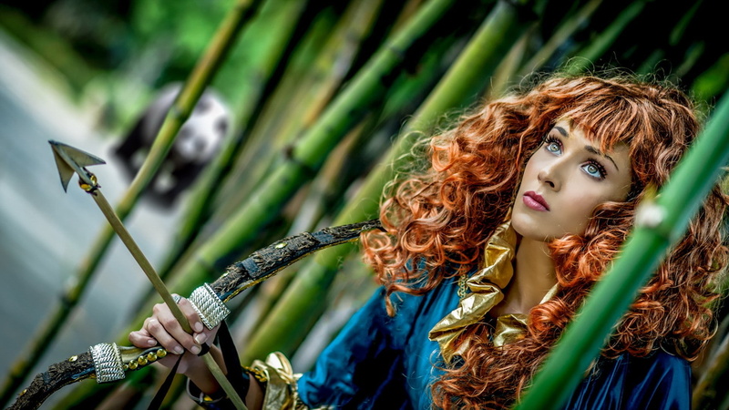 looking away, day, curly hair, brown hair, archery, Brave, young adult, beautiful woman, cosplay, looking, hairstyle, redhead, long hair, 1080P, beauty