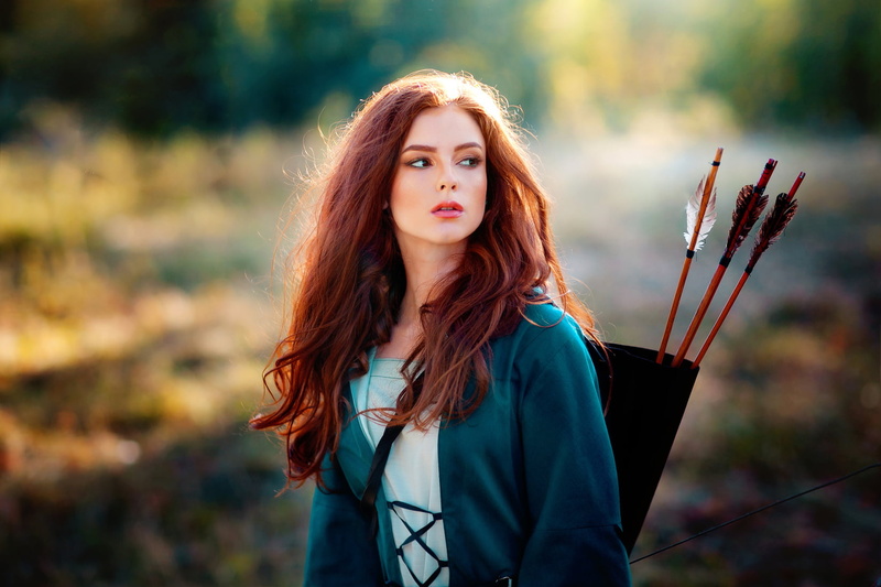 long hair, looking away, Arrow, 720P, quiver, women, redhead, Alexandra Girskaya, women outdoors, archer, archery, depth of field