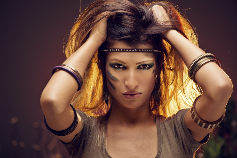 style, looking at camera, warrior, beautiful woman, arms raised, 5K, focus on foreground, young adult, brown hair, adult, Indian, decoration