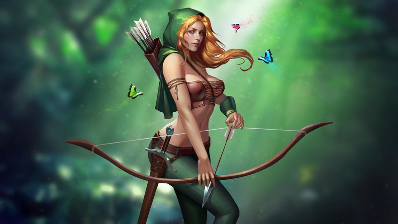 Artist, Arrows, 1080P, Beautiful, Butterfly, Hood, A quiver of arrows, Blonde, Sword, Chest, Bowstring, li fengyang, Girl, Quiver of arrows, Archer, Butterflies