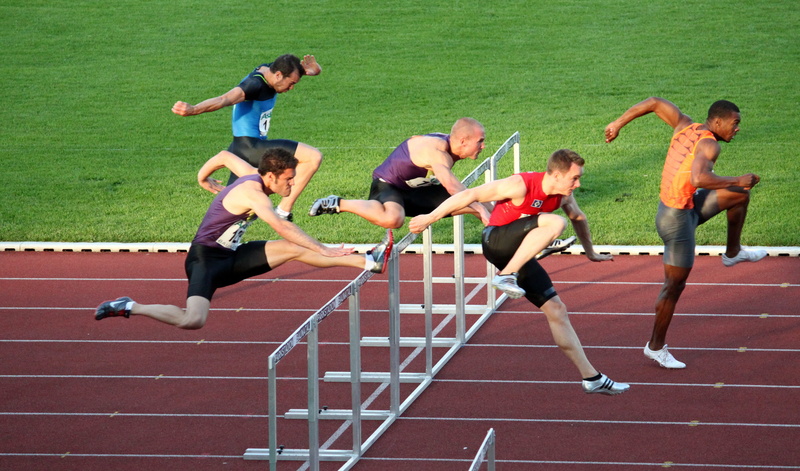 sprint hurdles athlete, motion, mens track, competitive sport, sport, competition, speed, running track, track and field, athletics, men, adult, sports race