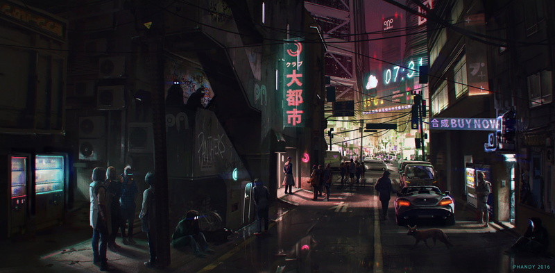 game, transportation, people, night, real people, city, cityscape, city life, rear view, outdoors, incidental people, drawn, men, oriental, illuminated