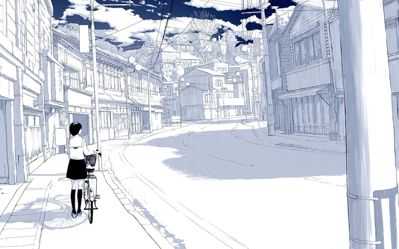 built structure, city, mode of transportation, drawn, nature, transportation, winter, architecture, anime girls, building exterior, sky, leisure activity