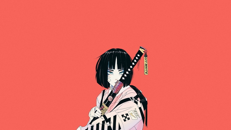 women, katana, brunette, digital art, short hair, 1080P, drawn