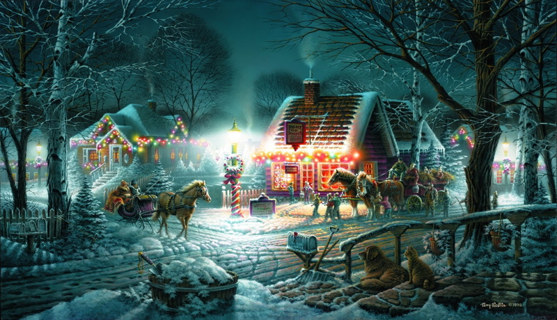 House, Light, Artistic, Painting, Christmas, 1080P, Horse Drawn Vehicle, Holiday, Snow, Vintage