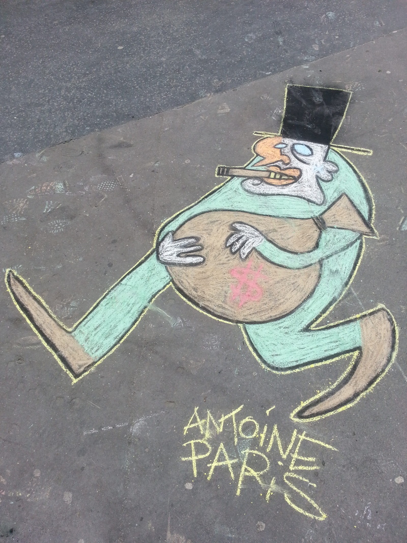 2K, stealing, Banker, close-up, chalk drawing, no people, city, sunlight, mural, Paris, drawing - art product, nature, footpath, human representation