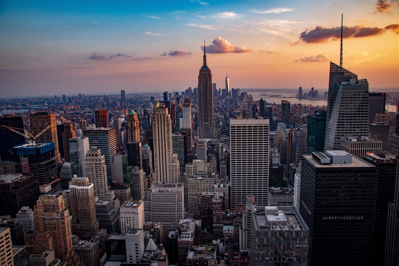 yellow, panoramic, sky, scenic, cityscape, skyline, empire, architecture, sunset, usa, built structure, spire, city, dusk, view, travel, downtown, crowd